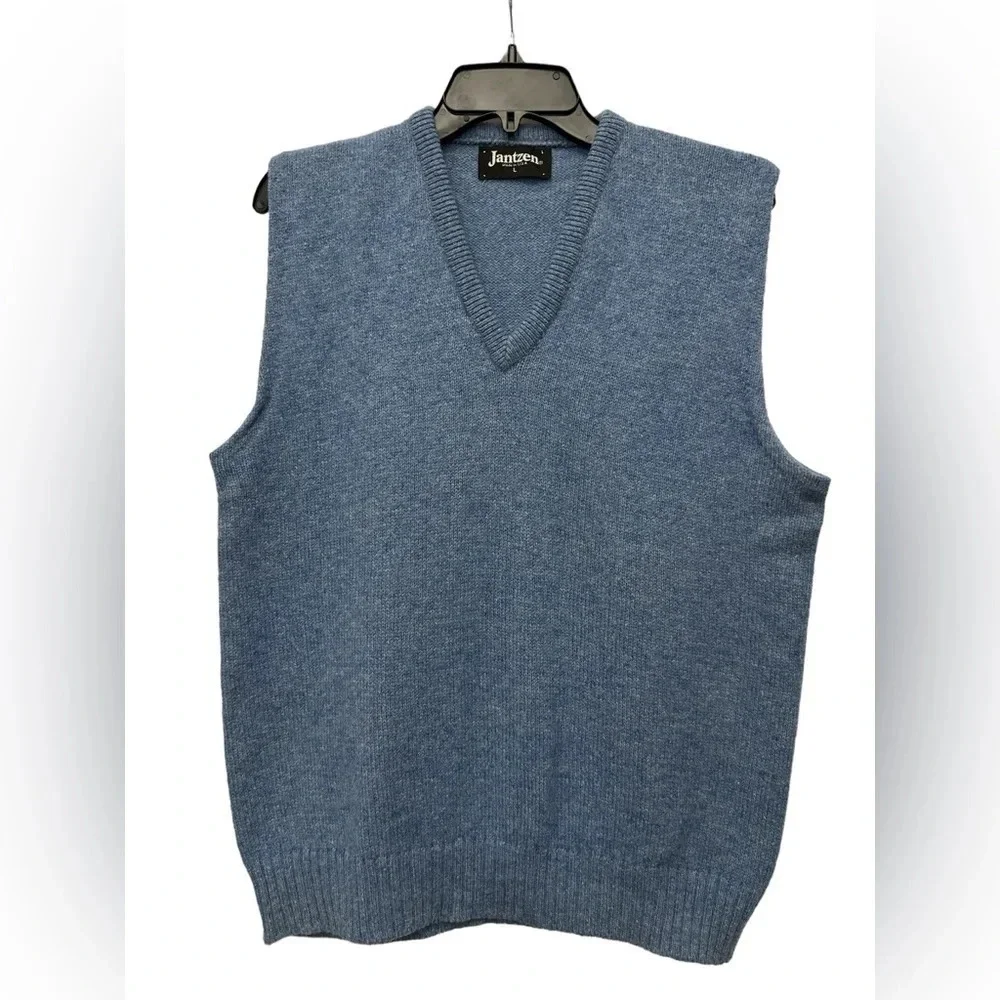 Jantzen Vintage Sweater Vest Size Large Wool Blend V Neck Light Blue